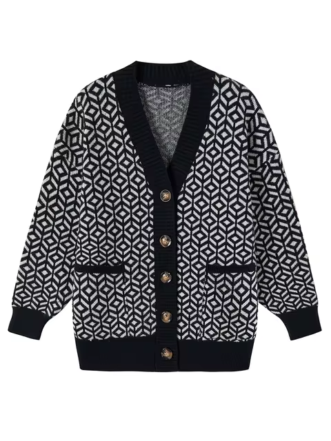 Stilvoller Strickcardigan Geometrisches Muster Knöpfe - IdealeKleiden