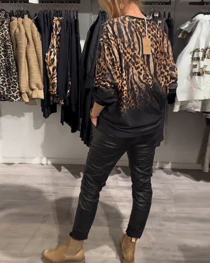 Frauenbluse Leopardenmuster Rundhals - IdealeKleiden