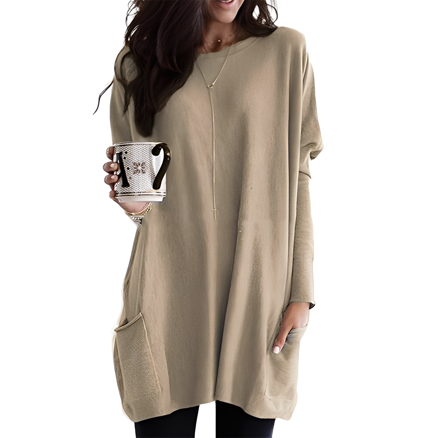 Damen Pullover Lang Bequem Mit Taschen