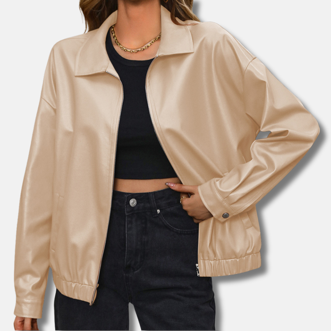Lederjacke Bikerstil Kurz Reißverschluss