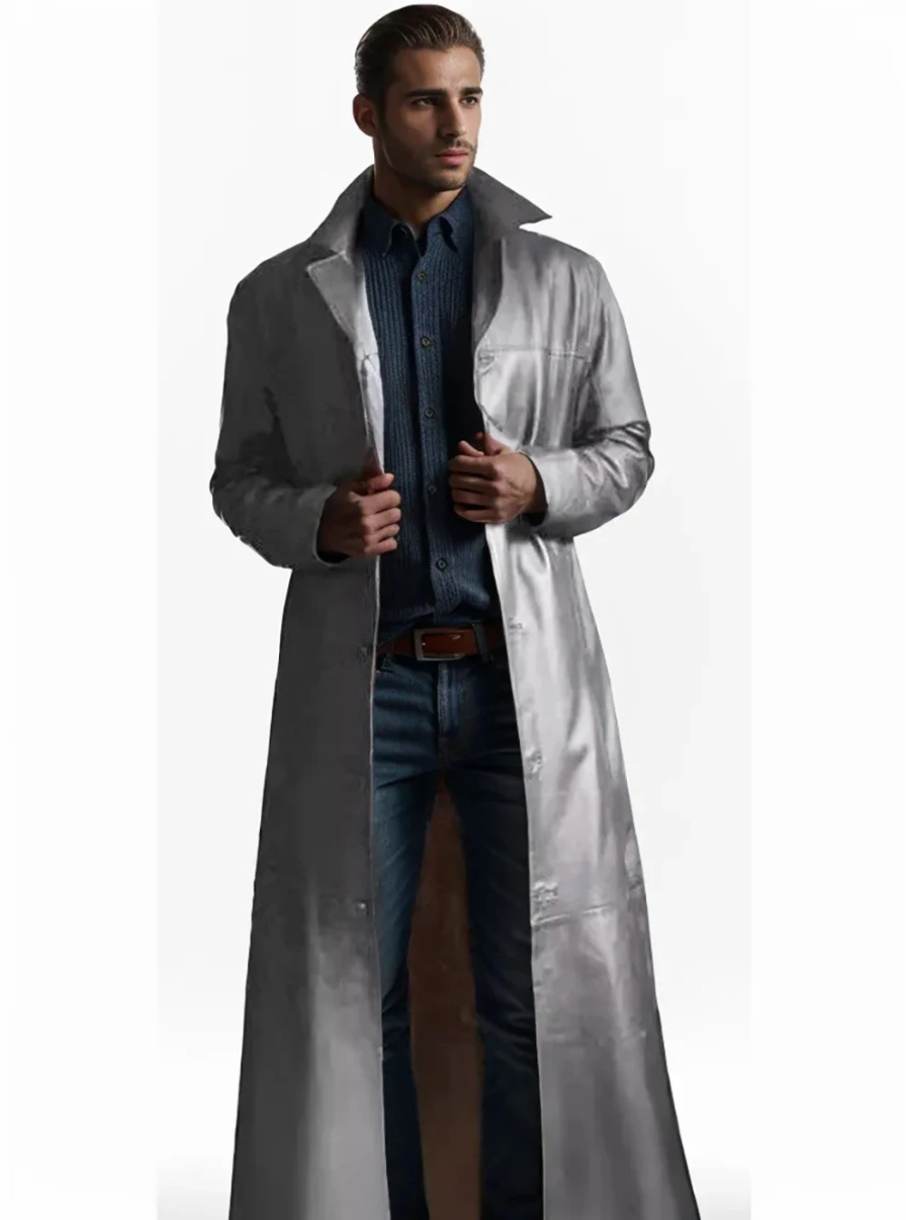 Eleganter Herren Ledermantel Lang