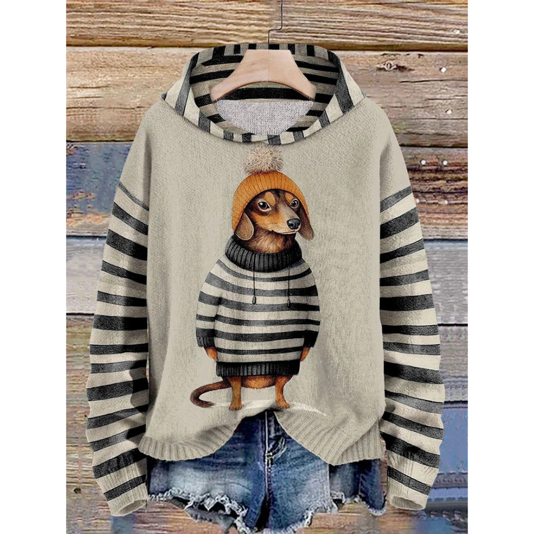 Damen Fleece Pullover Hund Motiv Weich Geschnürt