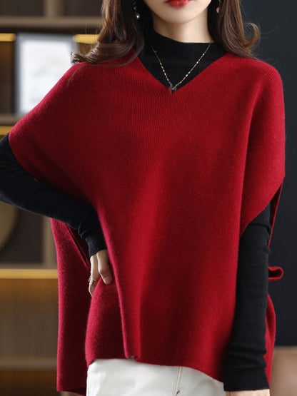 Damen Strickpullover V-Ausschnitt Einfarbig