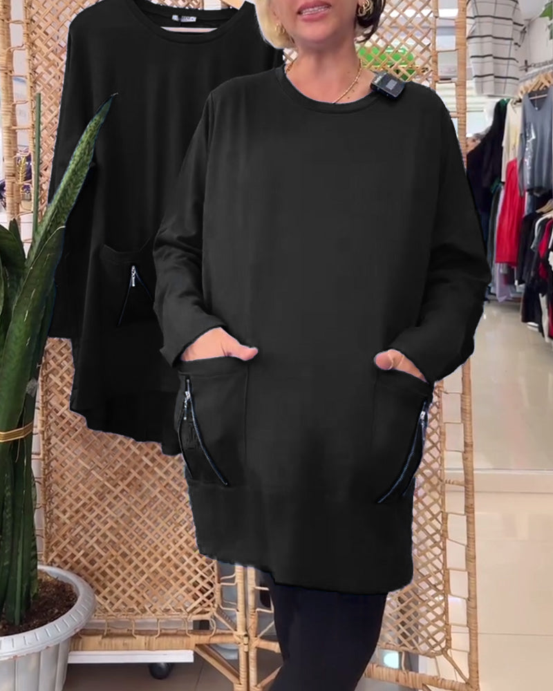 Klassisches Kleid Rundhals Einfarbig Mit Tasche