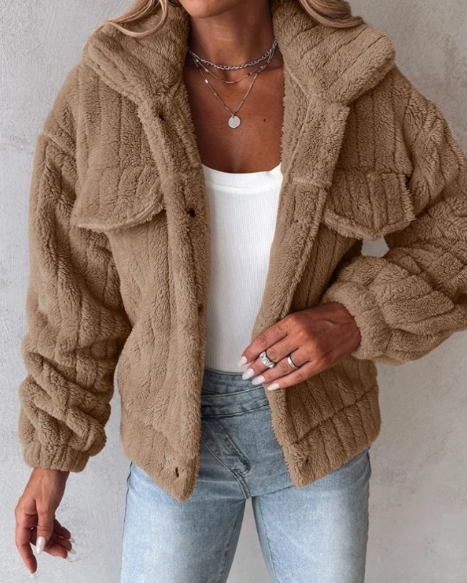 Damen Sherpa Jacke Knopfverschluss Modern Sportlich