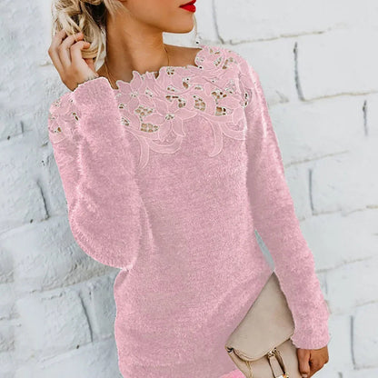 Frauen Winterpullover Blumenmuster Spitze