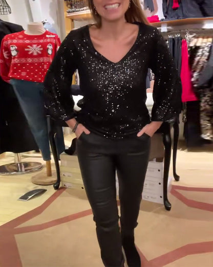 Glitzer Kleid V-Ausschnitt Langarm Elegant