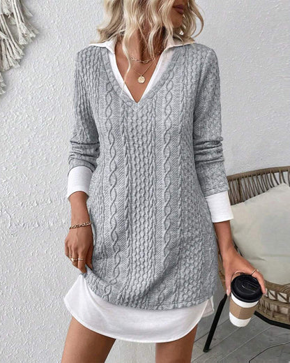 Modisches Kleid | Faux Hemd Kragen Zweiteiler Strick