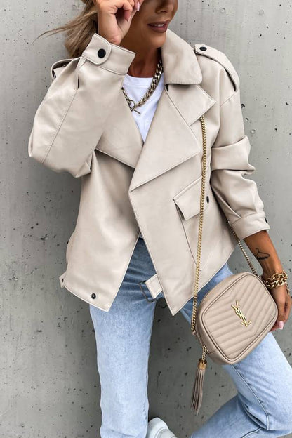 Leder Revers Tasche Biker Stil Kurzjacke