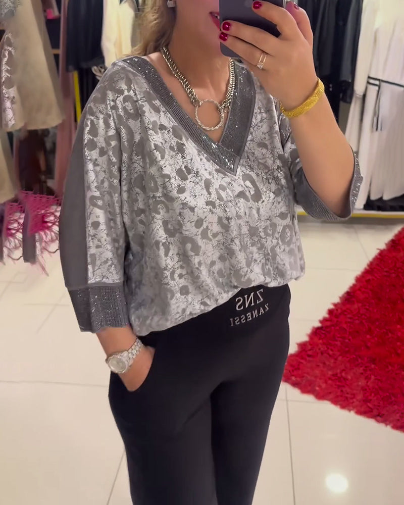 Trendige Bluse V-Ausschnitt Modern Bedruckt
