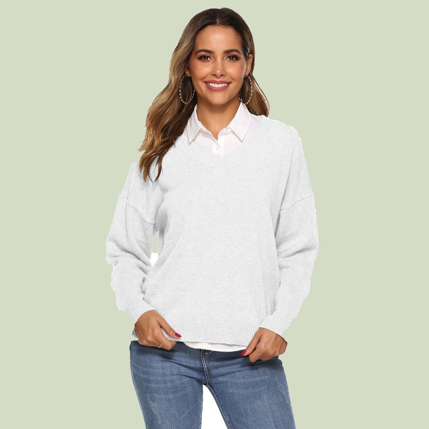 Strickpullover Damen V-Ausschnitt Bequem Langärmlig