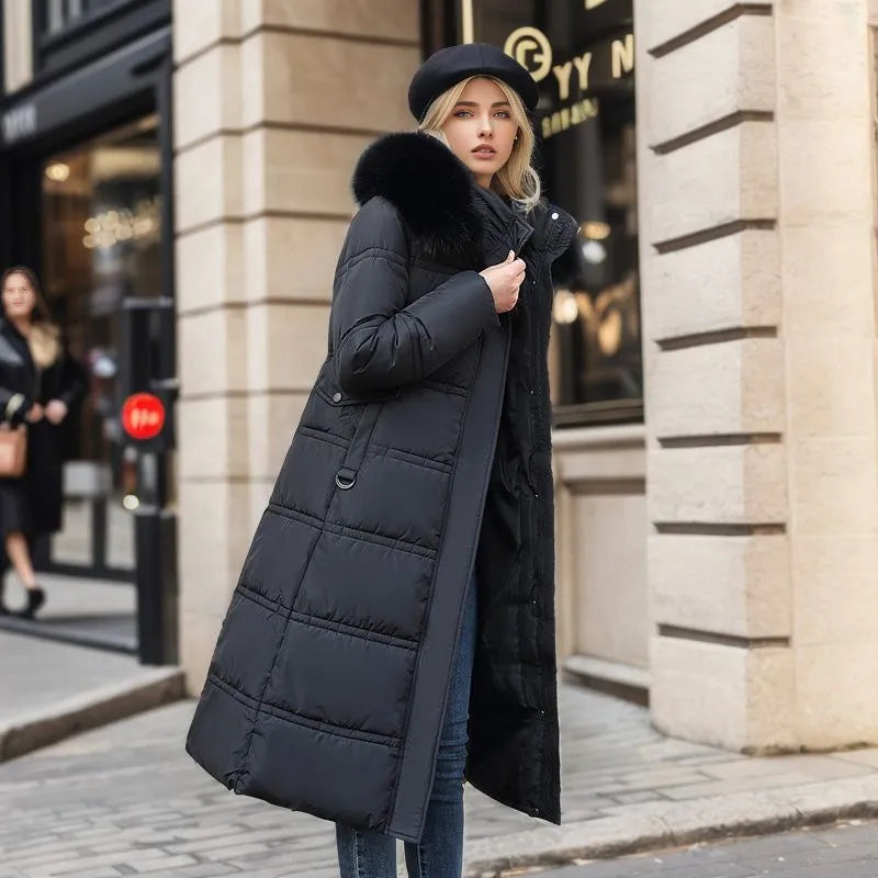 Damen Wintermantel Lang Elegant mit Pelzbesatz