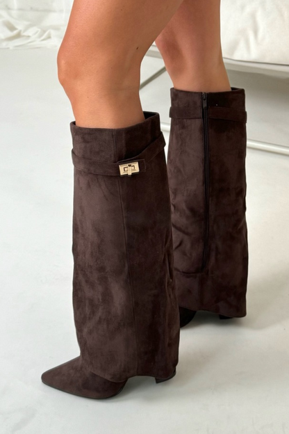 Klappkniehohe Stiefel Wildleder Schnalle Blockabsatz
