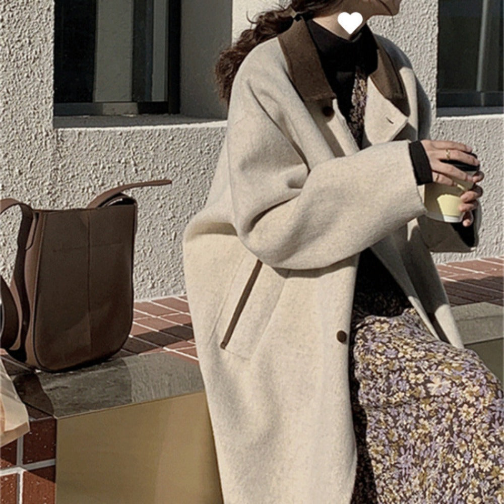 Lange Damenjacke Braun Kragen Wollmix