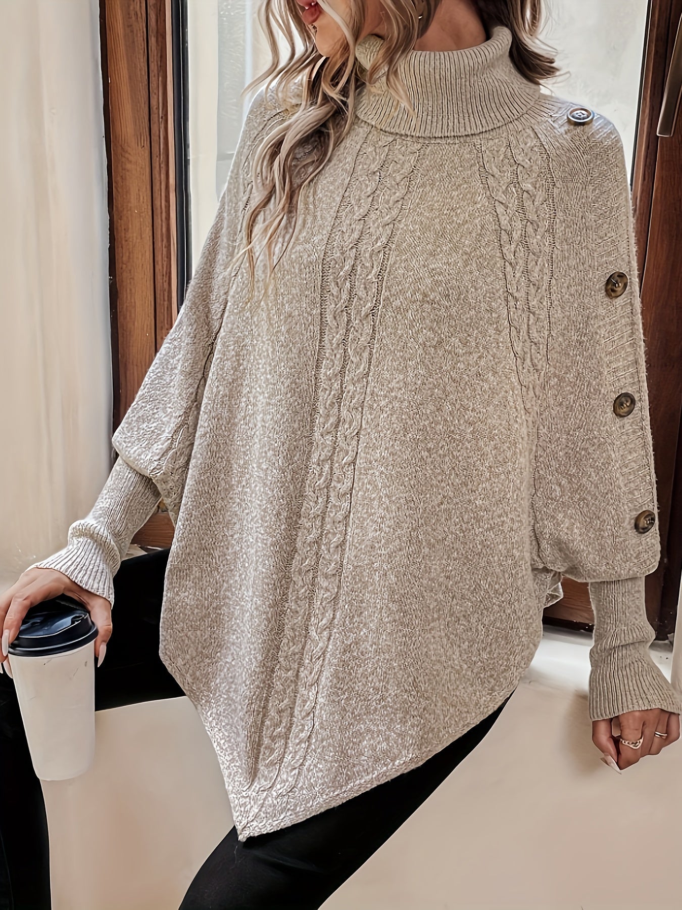 Stylischer Poncho Pullover mit Knöpfen Acryl Weich