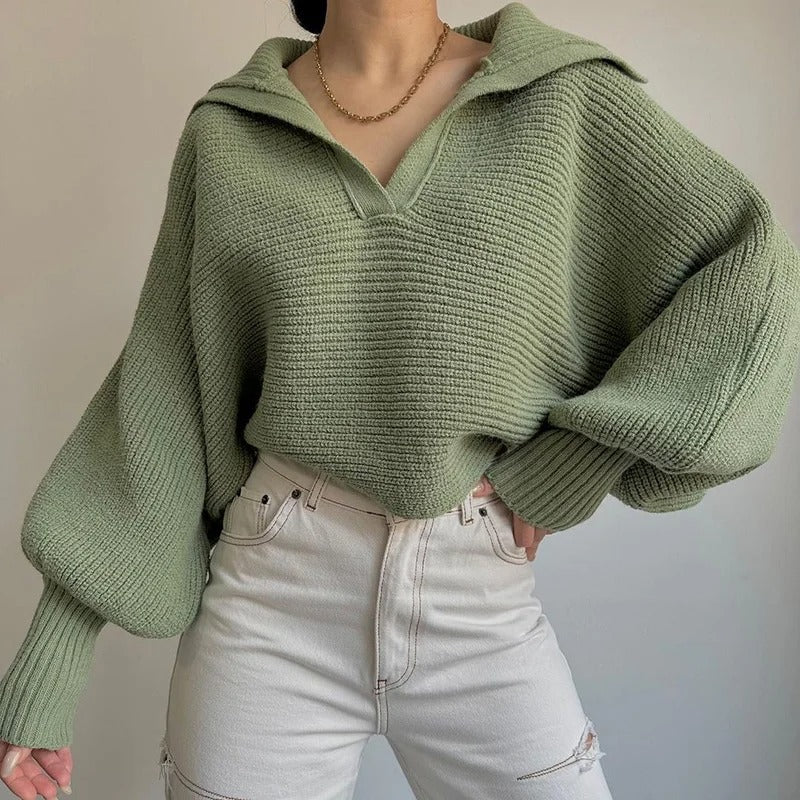 Gemütlicher Strickpullover Latzen Ärmel Offener Kragen