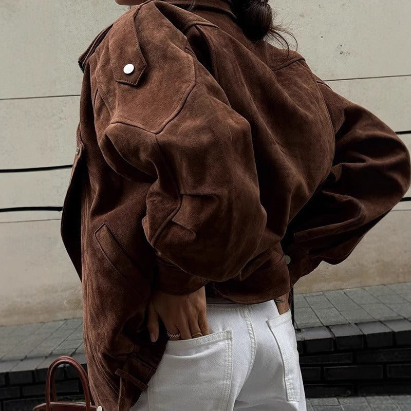 Übergroße Leder-Bomberjacke Asymmetrisch Modern - IdealeKleiden