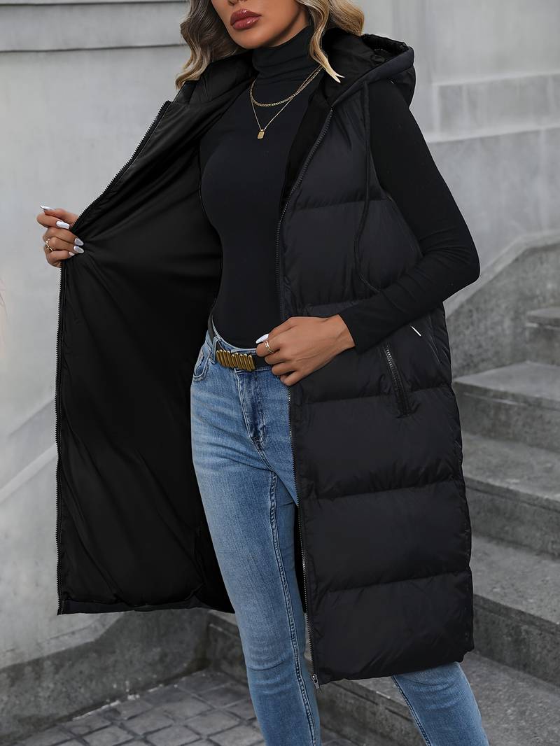 Damen Lange Weste Kapuzenjacke Reißverschluss