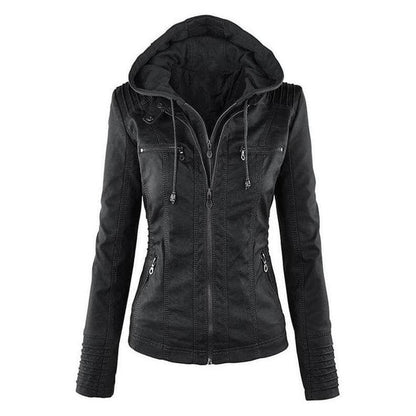 Damen Slim Fit Lederjacke Zip-Up Kapuze
