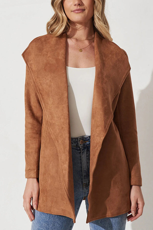 Stylische Strickjacke Großes Revers Leder Optik