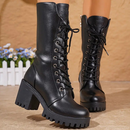 Hohe Absatzstiefel Frauen Schnürung Blockabsatz