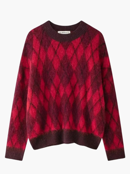 Roter Argyle Pullover Damen Vintage Style - IdealeKleiden