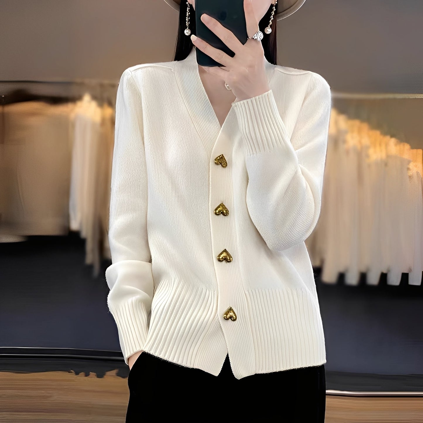 Frauen Strickjacke Herzknöpfe Elegант