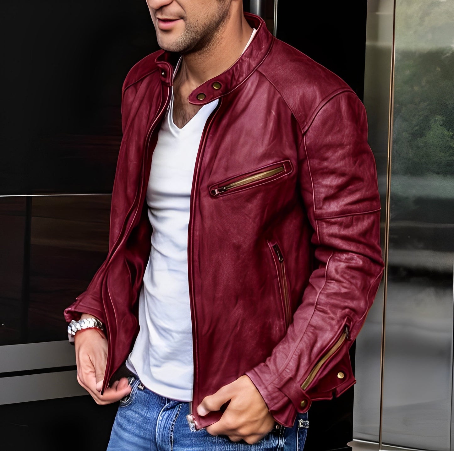 Elegante Lederjacke Herren Reißverschluss Taschen