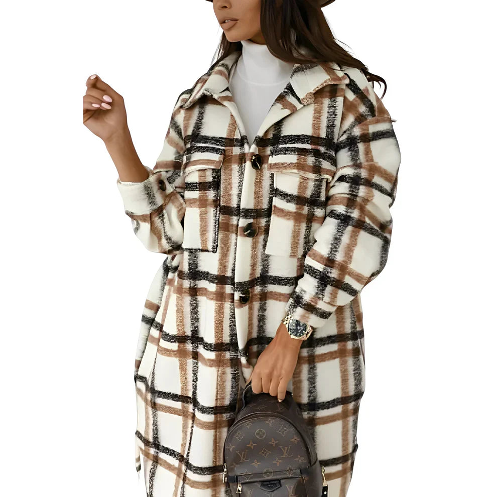 Stylische Damen Karo Jacke Lang