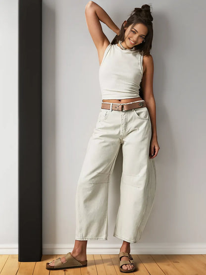 Damen Jeans Weit Bequem Nahtdetails
