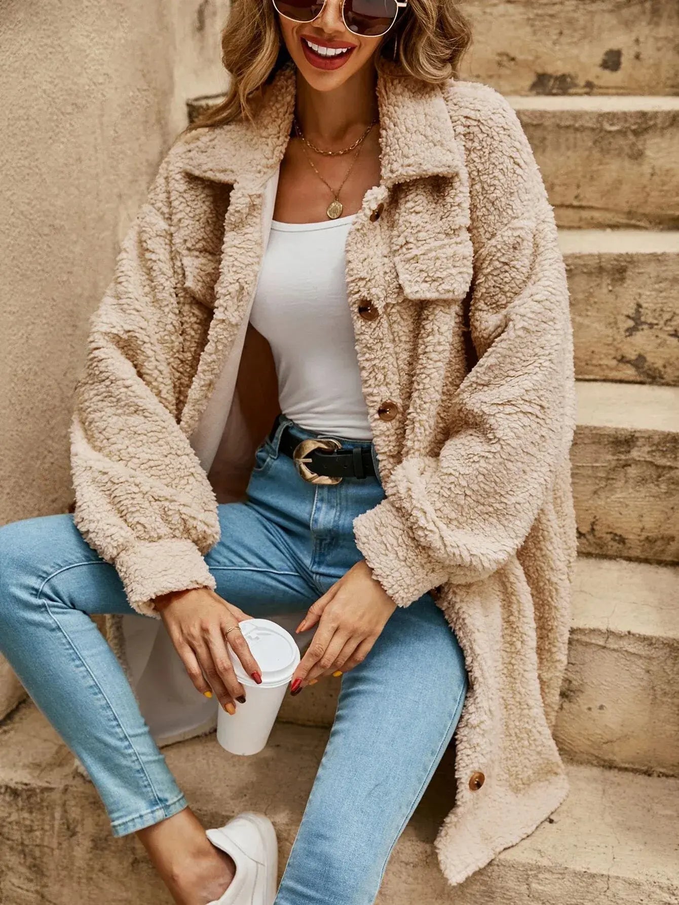 Bequeme Teddyjacke mit Knöpfen & Brusttaschen