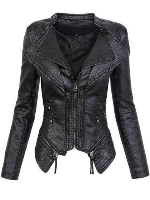 Damen Lederjacke Schwarz Asymmetrisch Biker Style