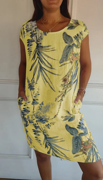 Damen Kleid Rundhals Ausschnitt Blumenmuster