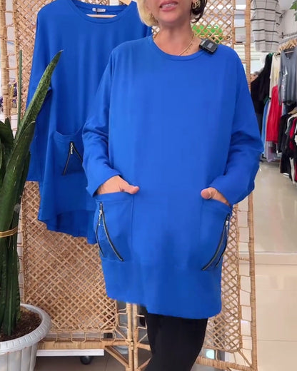 Klassisches Kleid Rundhals Einfarbig Mit Tasche