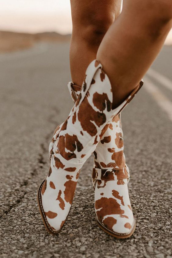 Damen Stiefel Western Style Kuhfell Optik