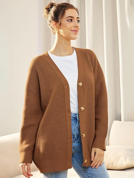 Damen Cardigan Oversized V-Ausschnitt Knopf Herbstmode
