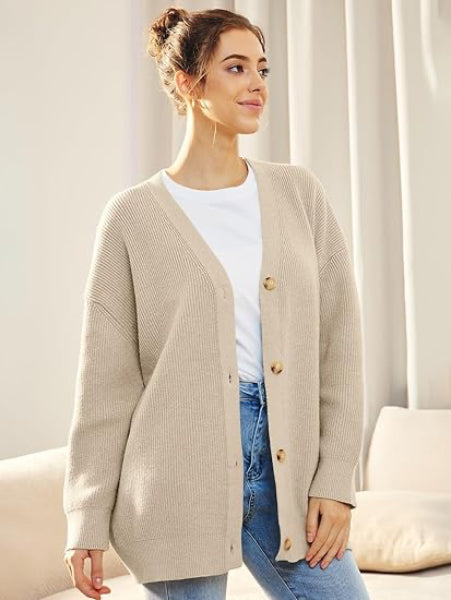 Damen Cardigan Oversized V-Ausschnitt Knopf Herbstmode