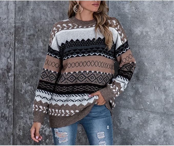Damen Pullover Bequem Muster Langärmlig - IdealeKleiden