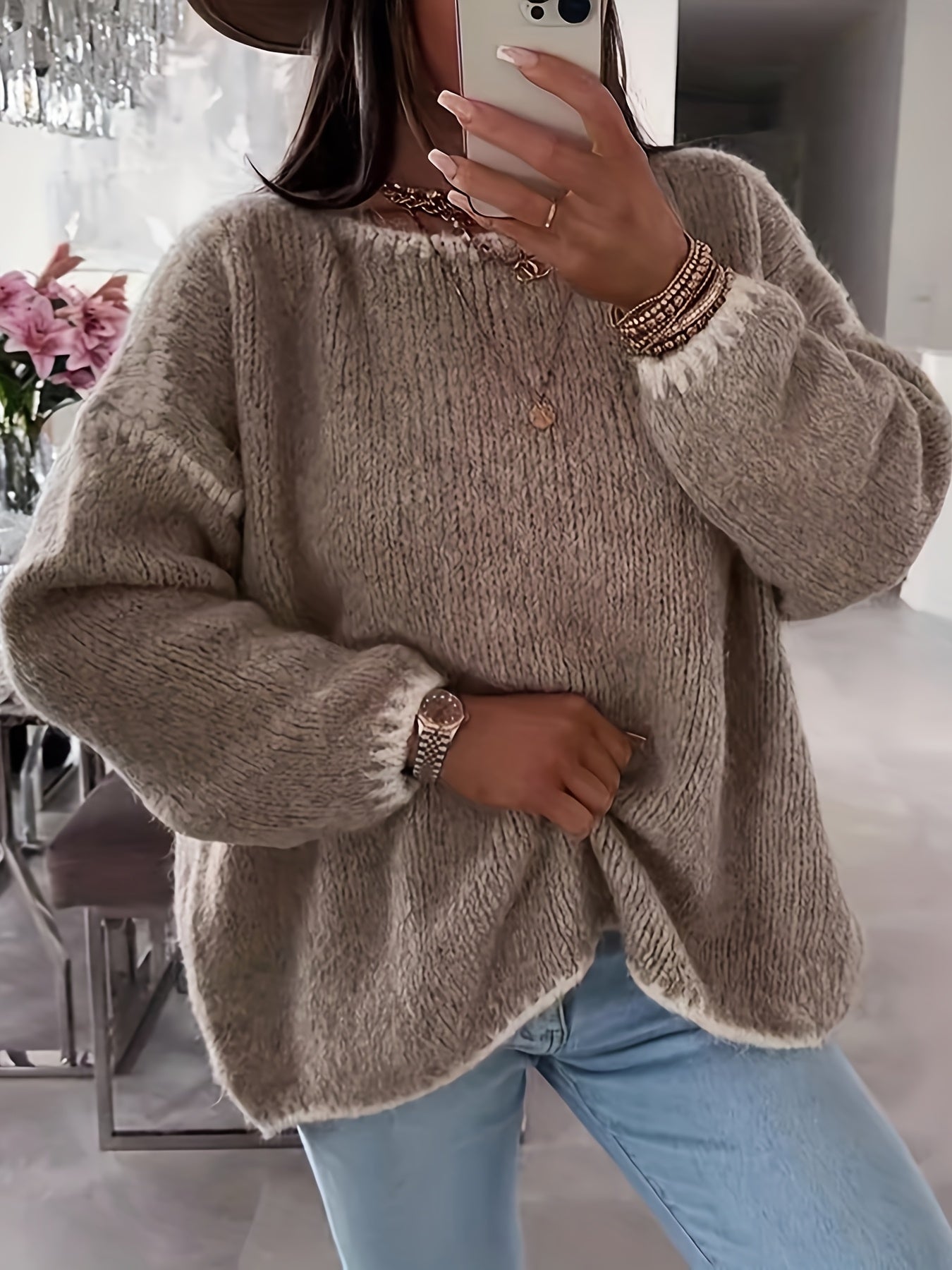 Lockere Strickpullover Weich Gemütlich Häkel Details