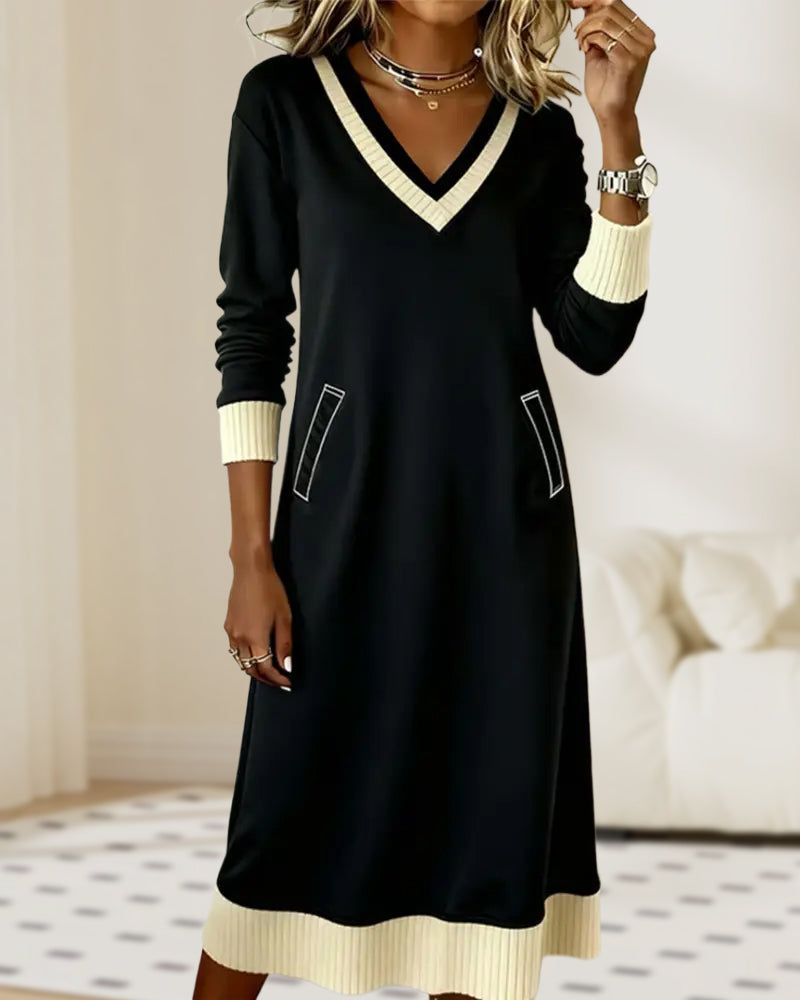 Elegantes Kleid Langärmlig V-Ausschnitt - IdealeKleiden