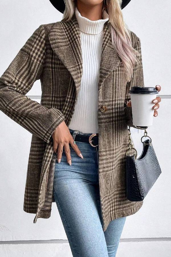Elegante Langarmjacke Karierter Kragen Damen