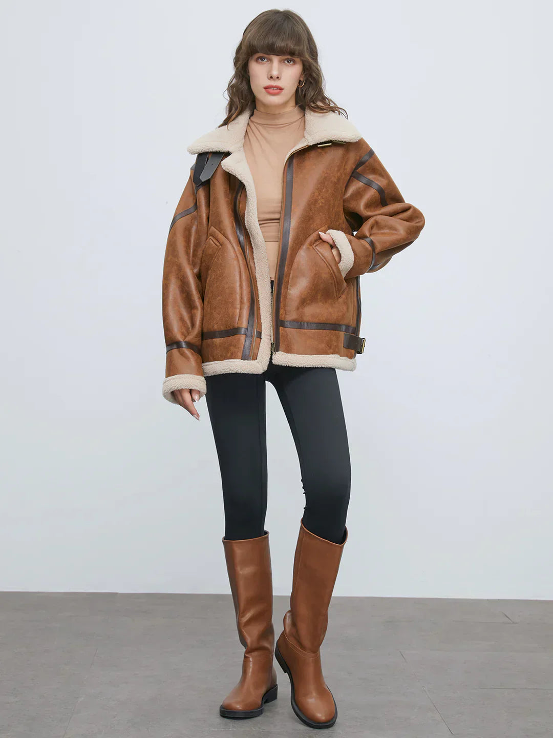 Warmes Shearling Flugjacke Gefüttert Leder