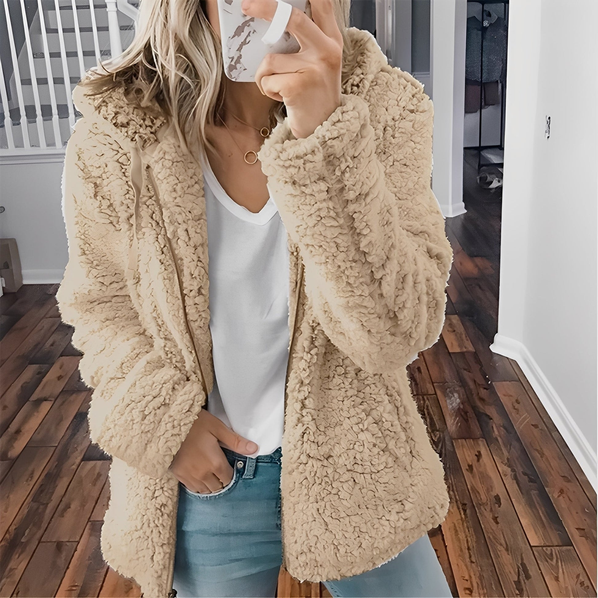 Damen Wolljacke Kapuze Warm - IdealeKleiden