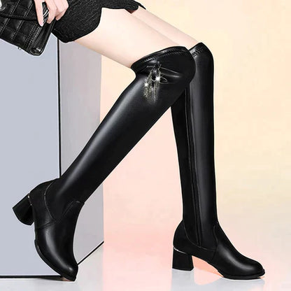 Damenschuhe Blockabsatz Stiefel Leder Schwarz