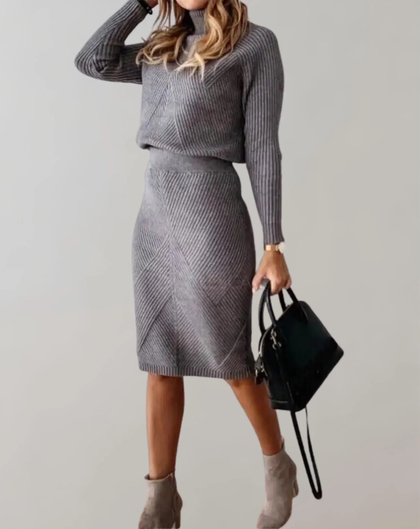 Schicke Zweiteiler Damen Slim Fit Rollkragen Pullover und Midi Rock