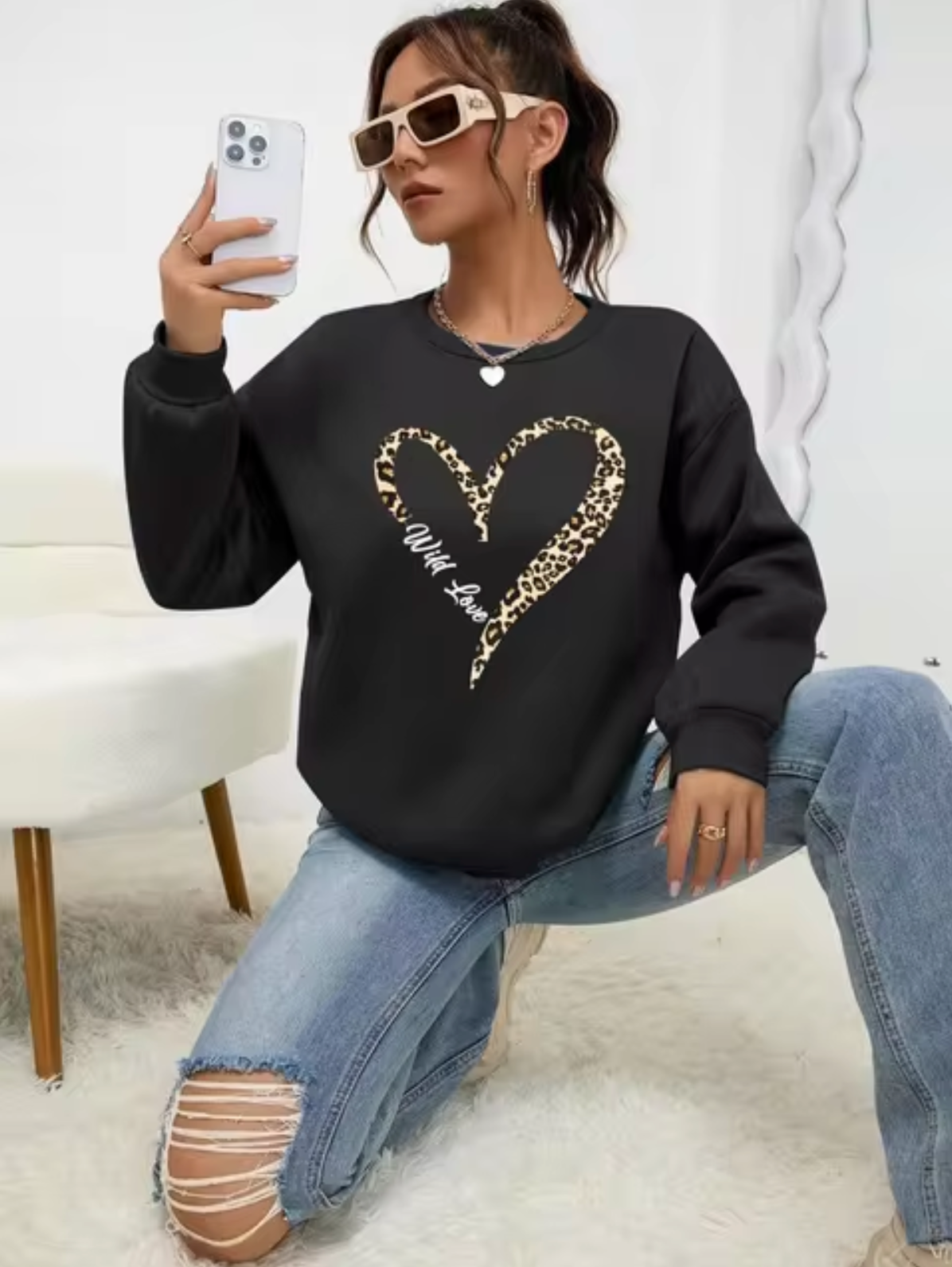 Stylish Pulli Leopard Herz Muster