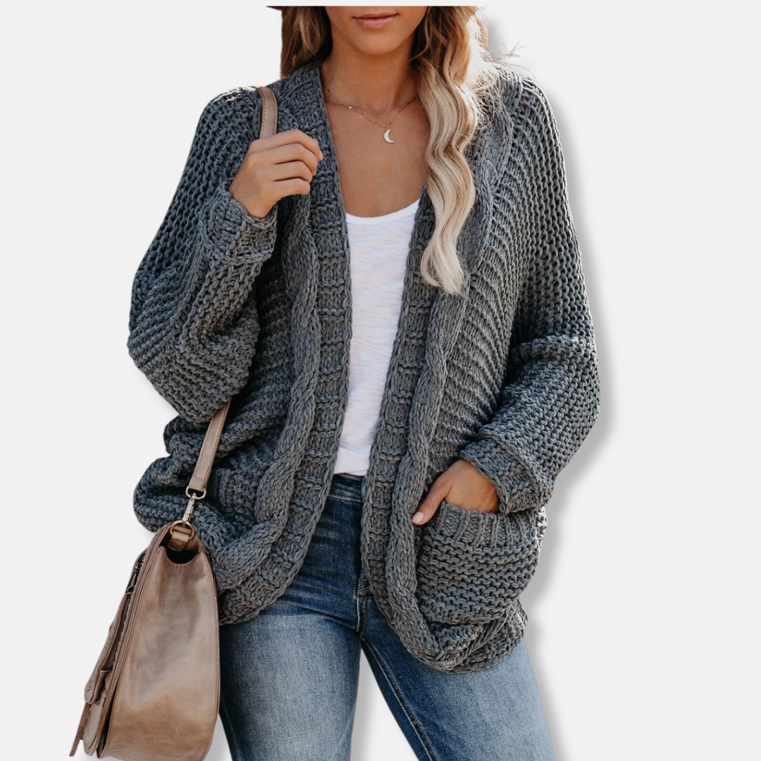 Übergroßer Wollcardigan mit Rippenmuster und Vordertaschen