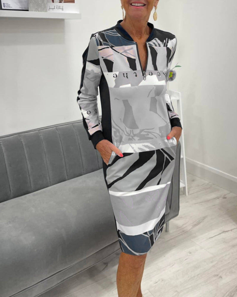 Kleid Mit Langen Ärmeln und Tasche Farbblock Design