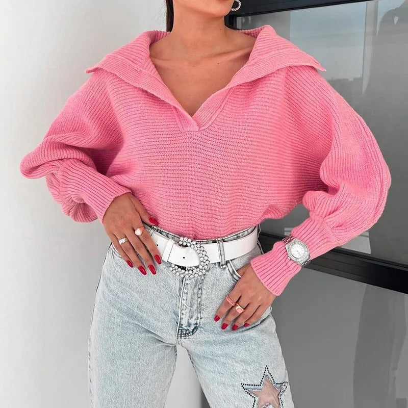 Gemütlicher Strickpullover Latzen Ärmel Offener Kragen