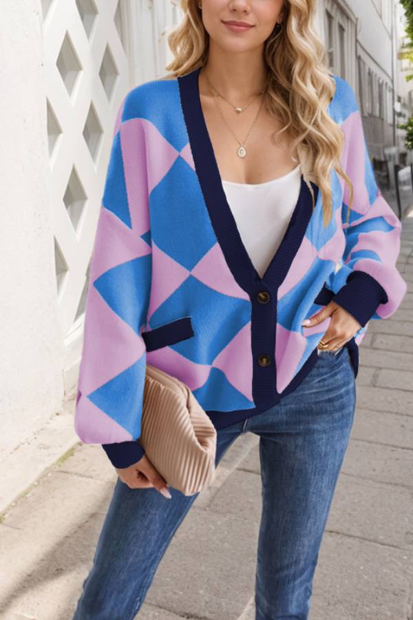 Elegante Cardigan Damen | Diamantmuster Lockere Oversized Jacke